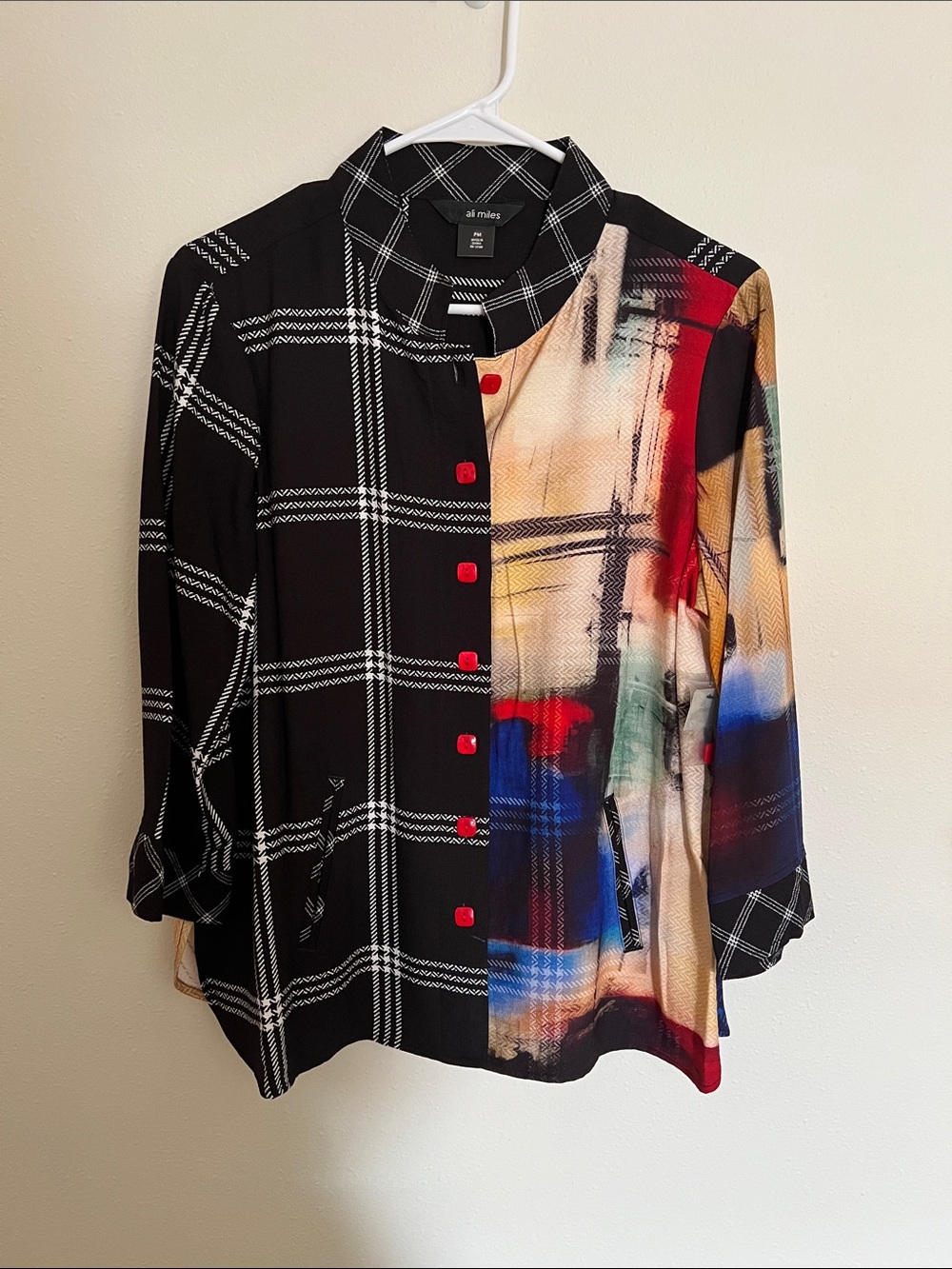 Ali Miles Black Plaid Button-Front Shirt with Multicolor Abstract Panel